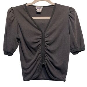 DEB Ruched Front Top Medium black Vintage Y2K 90s V-Neck Split Hem Grunge Goth